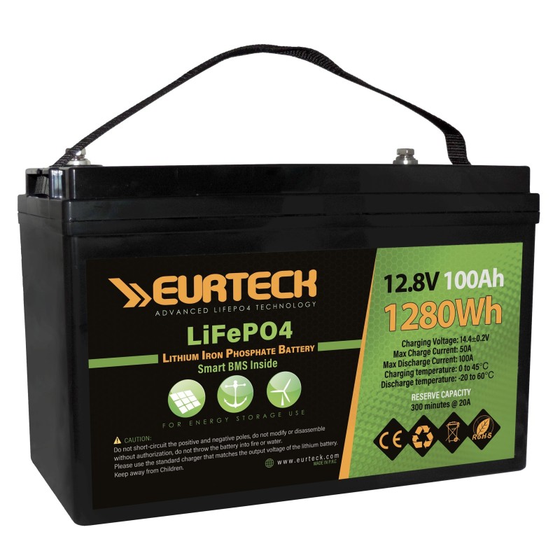 Eurteck LiFePO4 12.8V 100Ah Lithium Battery with Smart BMS