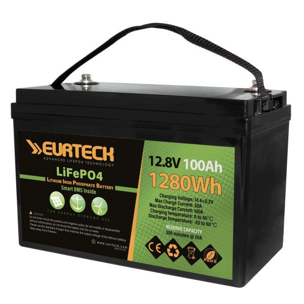 Eurteck Batteria al Litio LiFePO4 12.8V 100Ah 1280Wh BMS Smart
