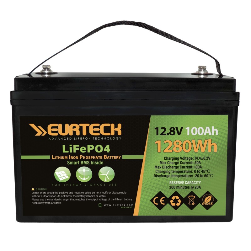 Eurteck LiFePO4 12.8V 100Ah Lithium Battery with Smart BMS