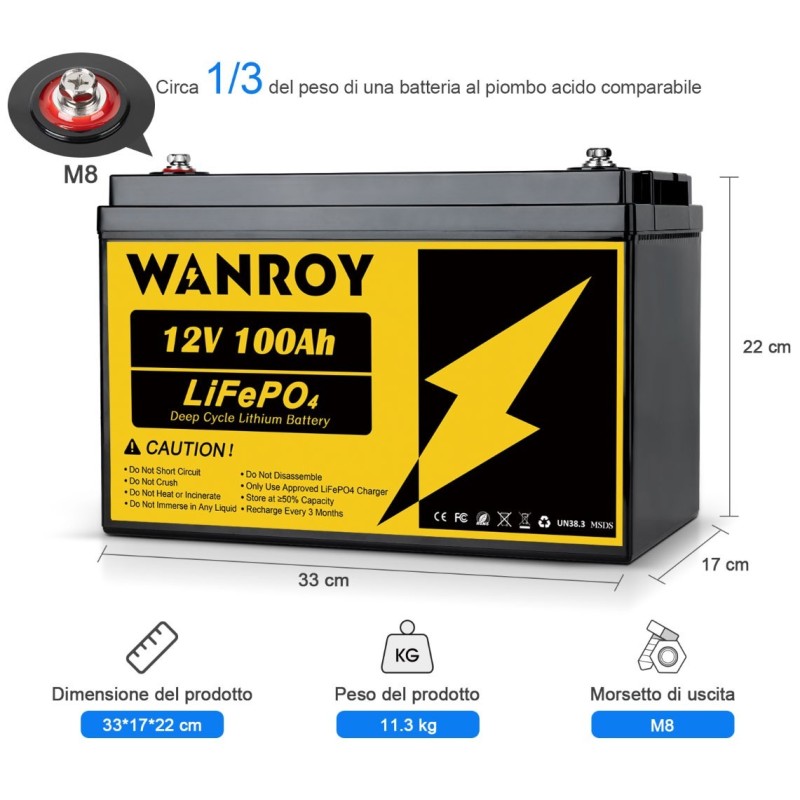 WANROY 12V 100Ah LiFePO4 Battery With 100A BMS 12.8V 1280Wh