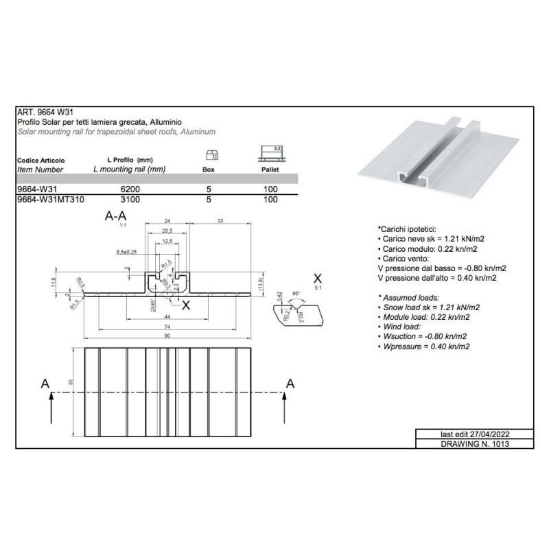 Aluminum solar mounting rail for sheet roofs 3100mm