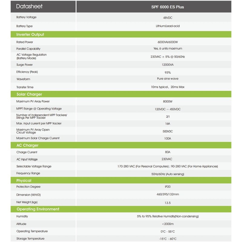 Growatt SPF 6000 ES Plus 6kW 48Vdc Inverter Ibrido Monofase