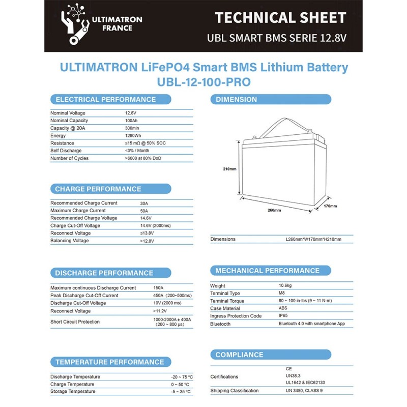 Ultimatron LiFePO4 12V 100Ah UBL-12-100-PRO Lithium Battery BMS