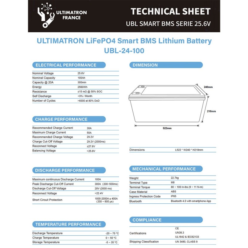 Ultimatron LiFePO4 24V 100Ah UBL-24-100-PRO Lithium Battery BMS