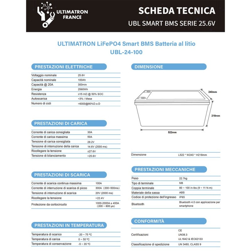 Ultimatron LiFePO4 24V 100Ah UBL-24-100-PRO Batteria al Litio BMS