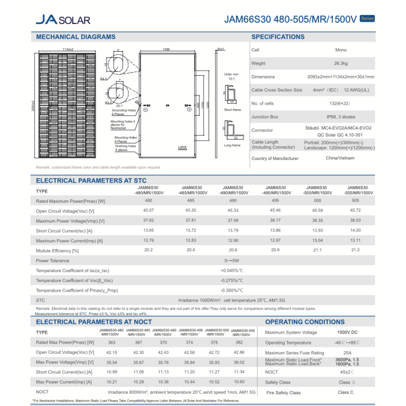 JA Solar JAM66S30 500/MR/1500V Black Frame 792+