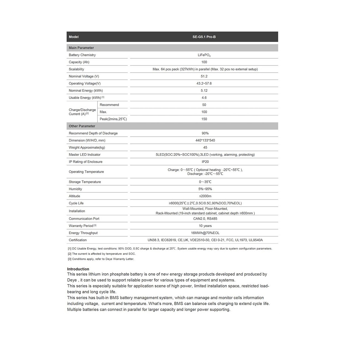 Deye SE-G5.1Pro-B 5.12kW 51.2V LiFePO4 Battery with BMS