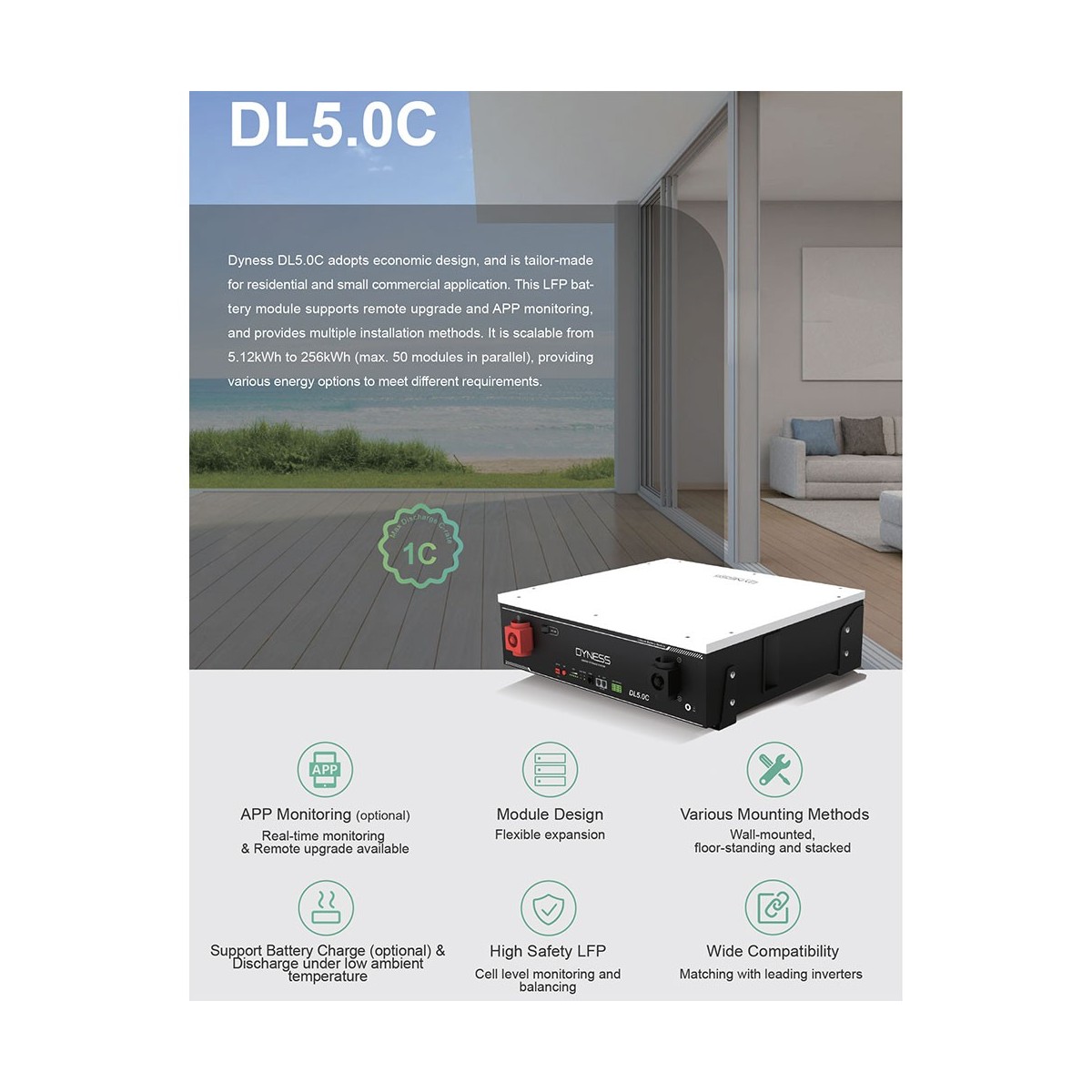 Dyness DL5.0C 5.12kW 51.2V LiFePO4 Battery with BMS