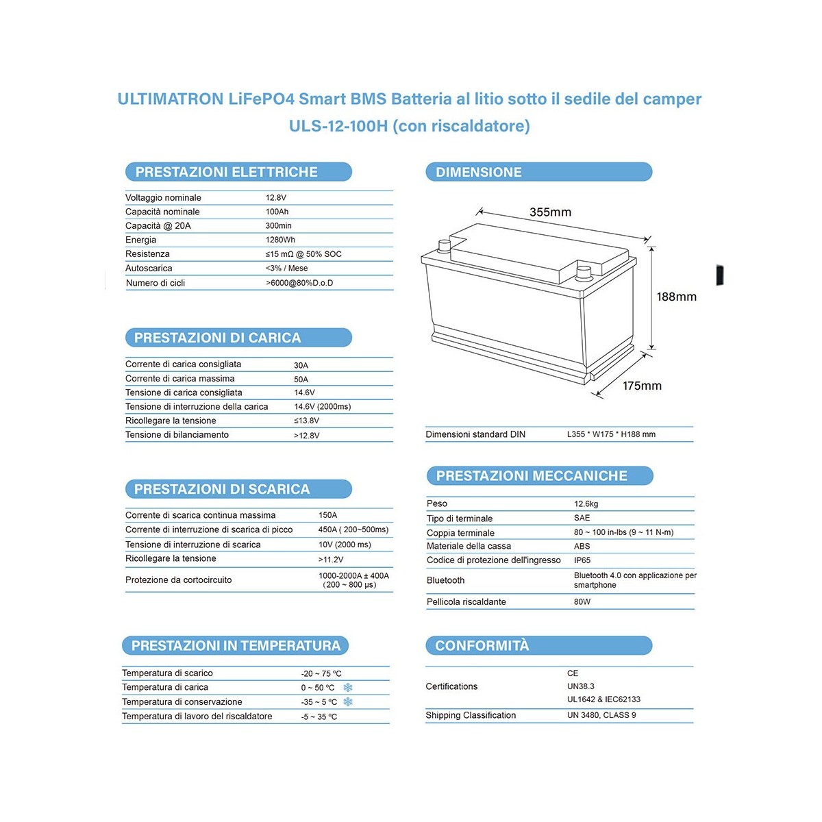 Ultimatron LiFePO4 12V 100Ah ULS-12-100H Lithium Battery BMS Smart