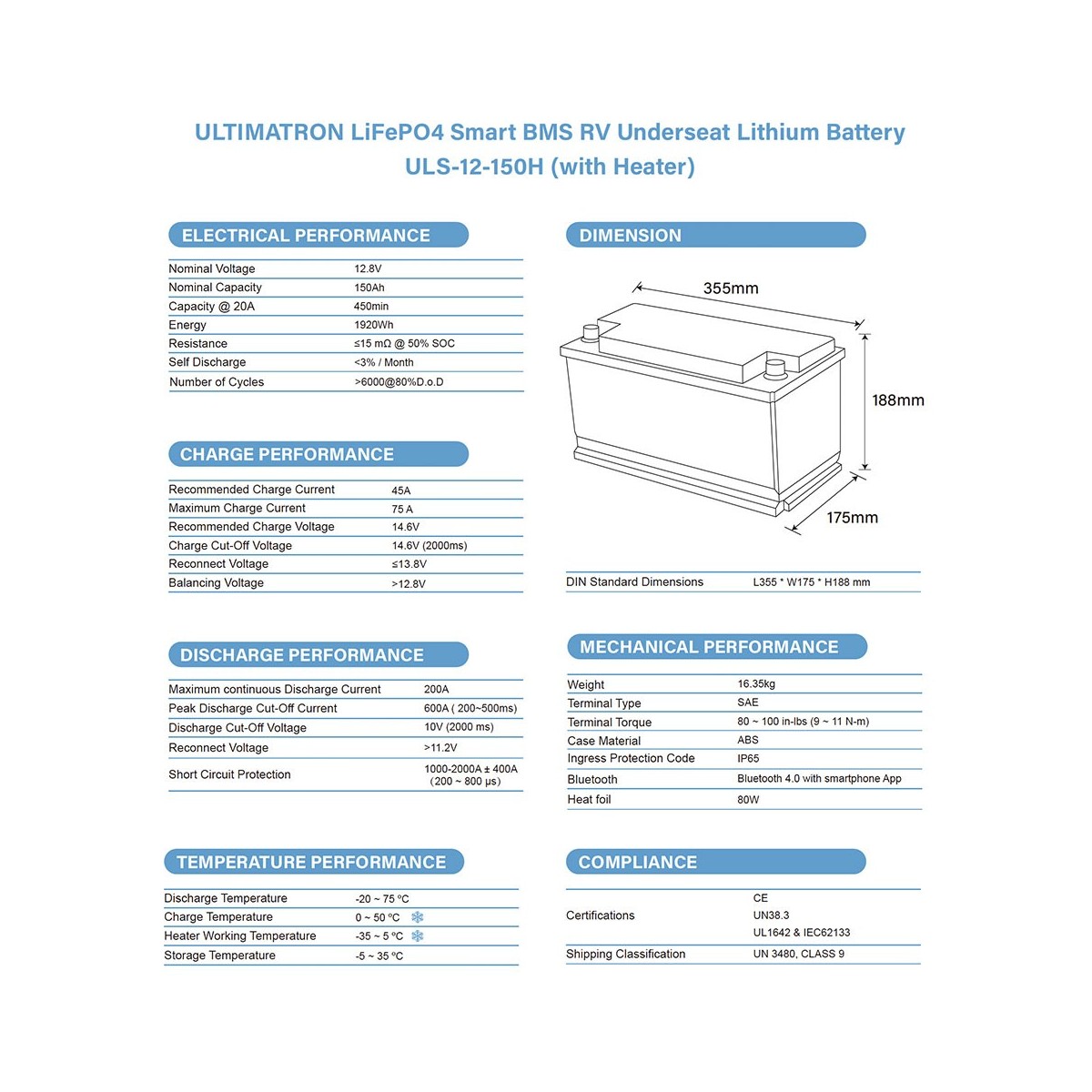 Ultimatron LiFePO4 12V 150Ah ULS-12-150H Batteria al Litio BMS Smart B