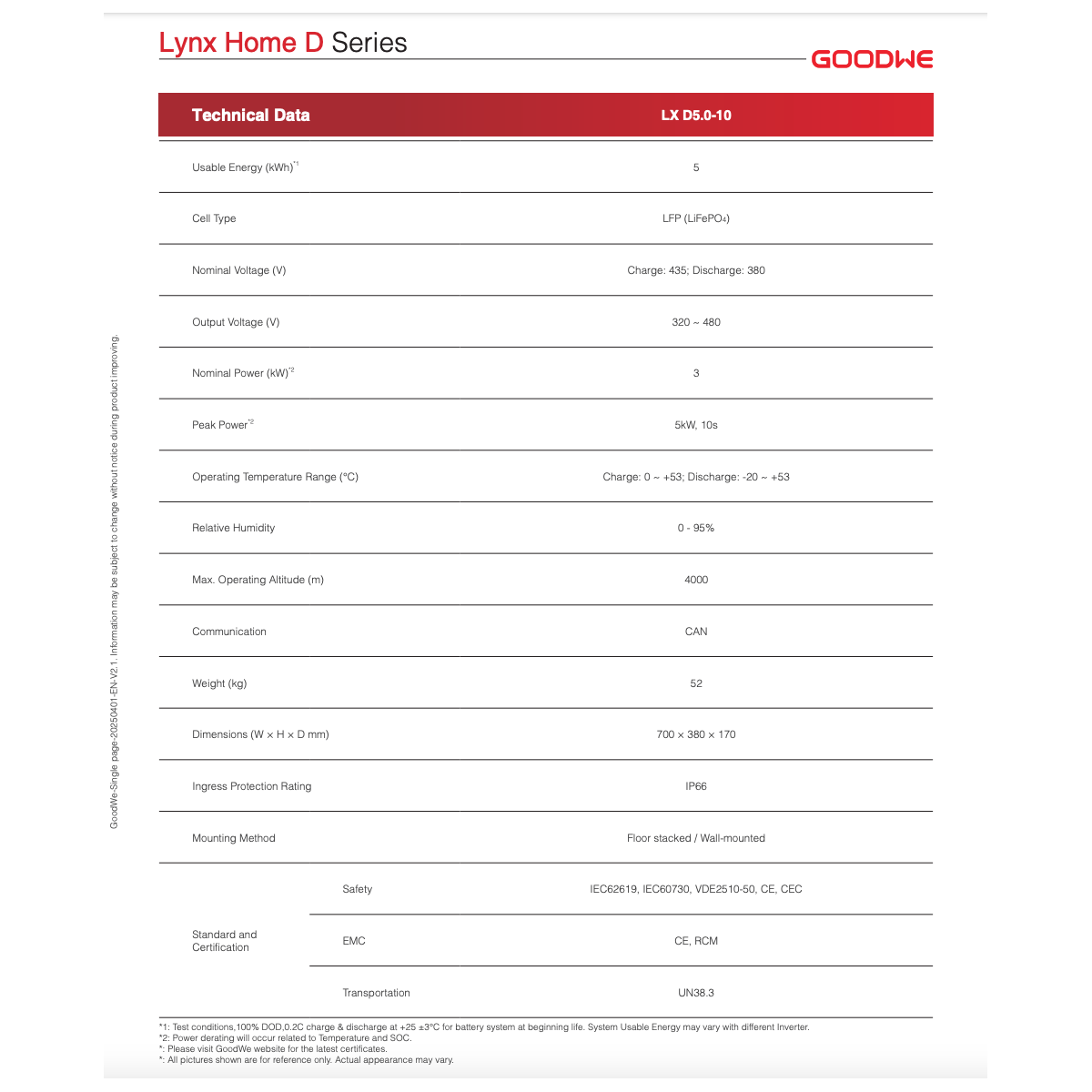 GoodWe Batteria GW-LXD5.0-10 5kWh IP66 high-voltage battery