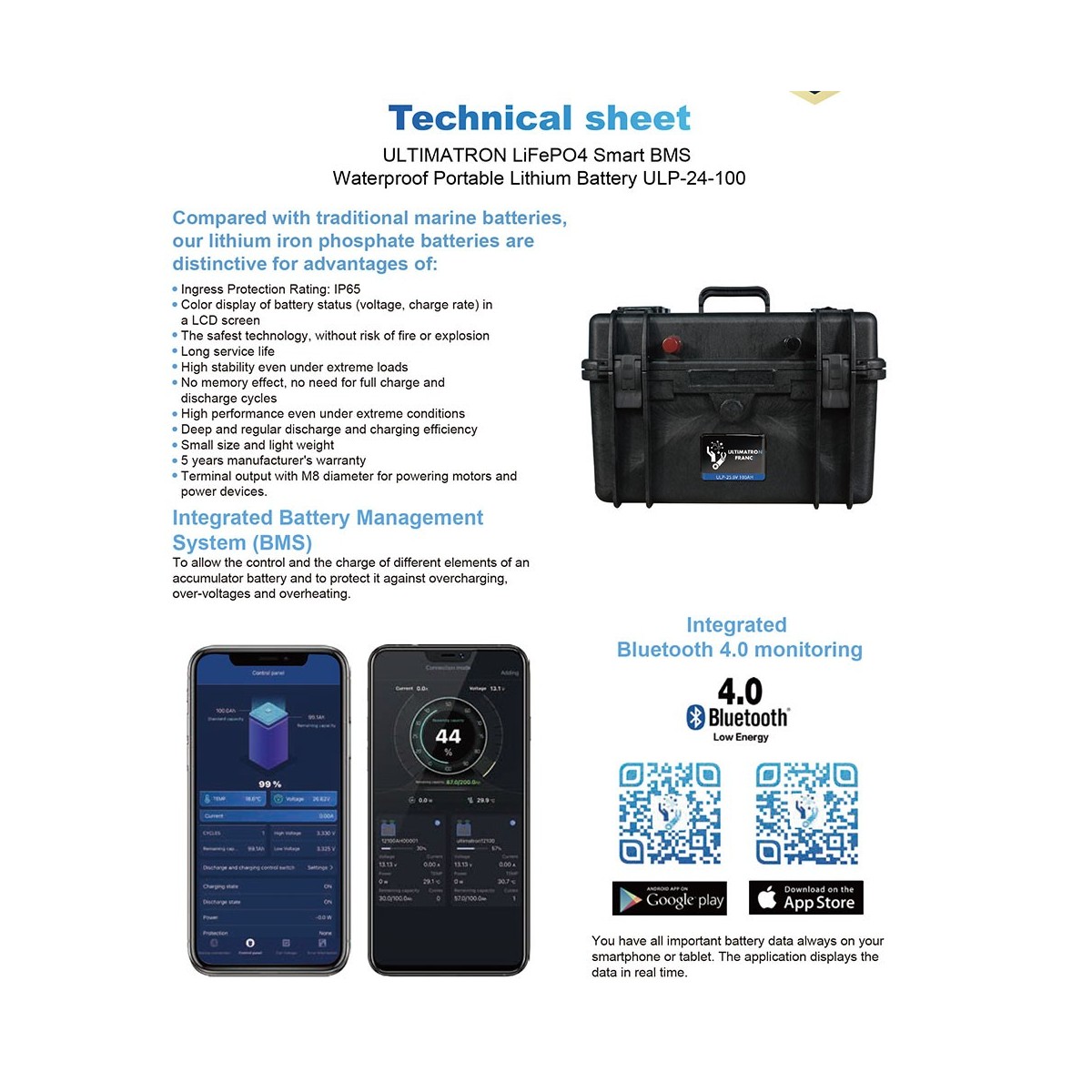 Ultimatron LiFePO4 ULP-24-100 25.6V 100Ah BMS Portable Battery