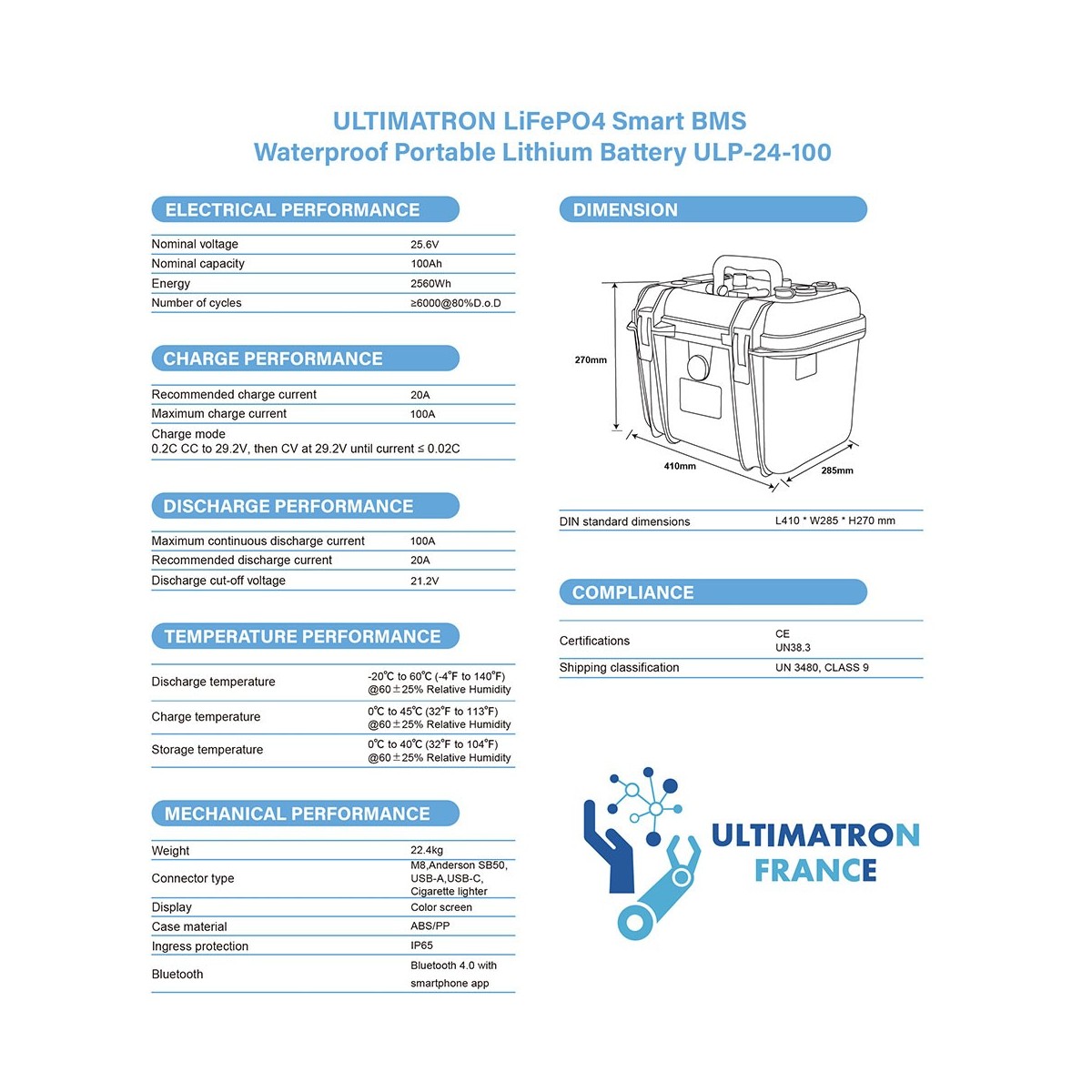 Ultimatron LiFePO4 ULP-24-100 25.6V 100Ah BMS Portable Battery