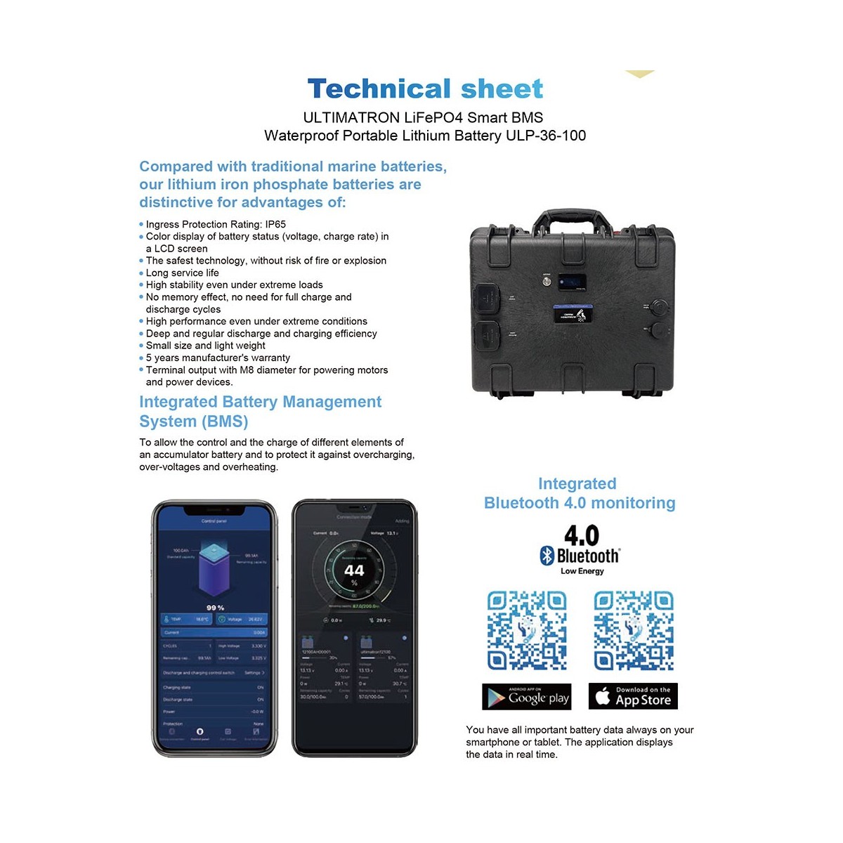 Ultimatron LiFePO4 ULP-36-100 38.4V 100Ah BMS Portable Lithium Battery