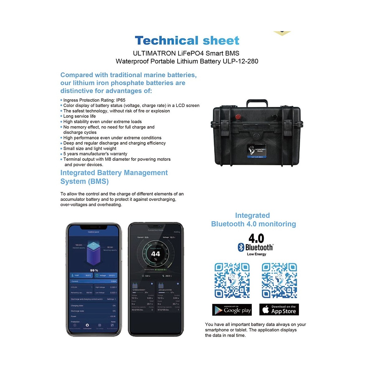 Ultimatron LiFePO4 ULP-12-280 12.8V 280Ah BMS Portable Lithium Battery