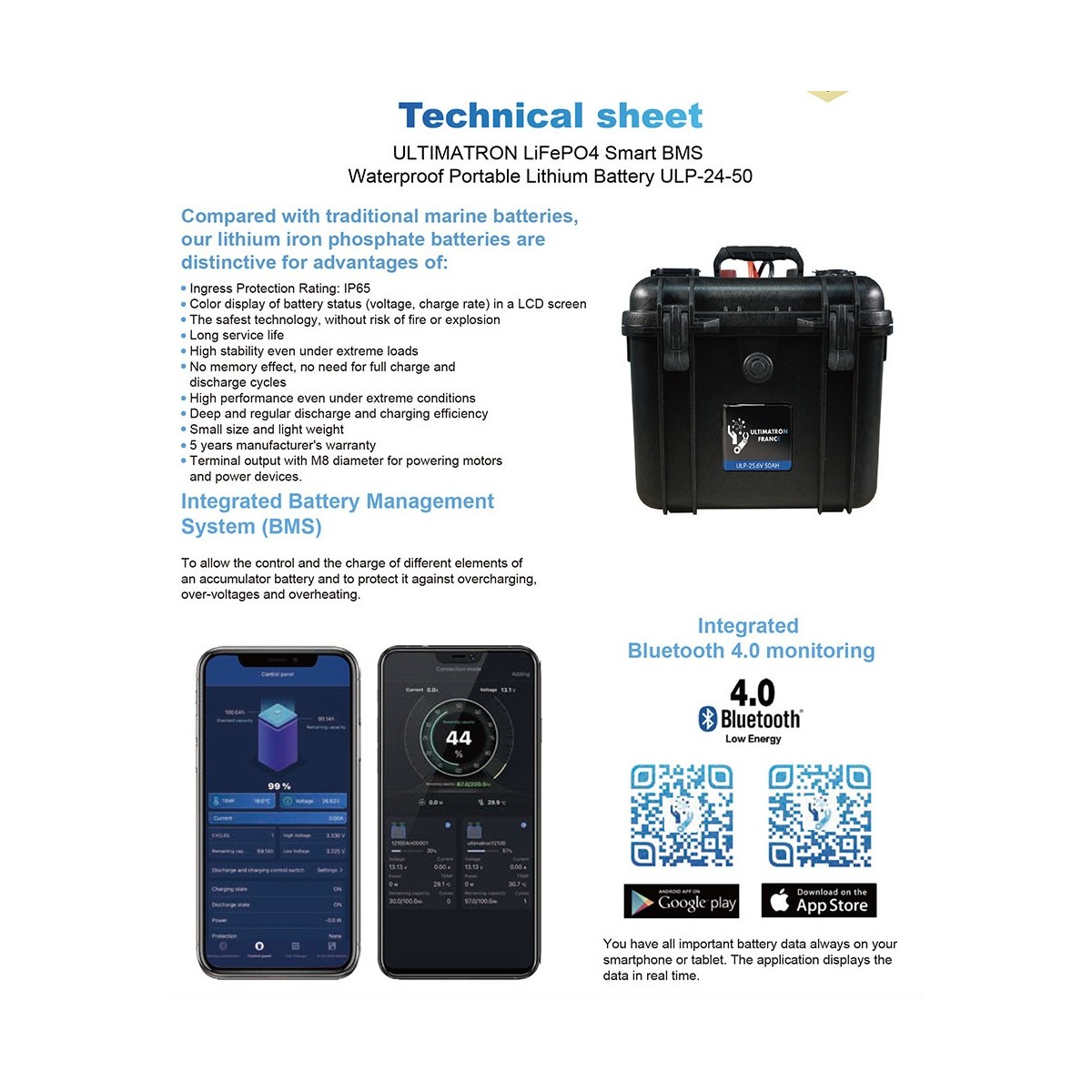 Ultimatron LiFePO4 ULP-24-50 25.6V 50Ah BMS Portable Lithium Battery