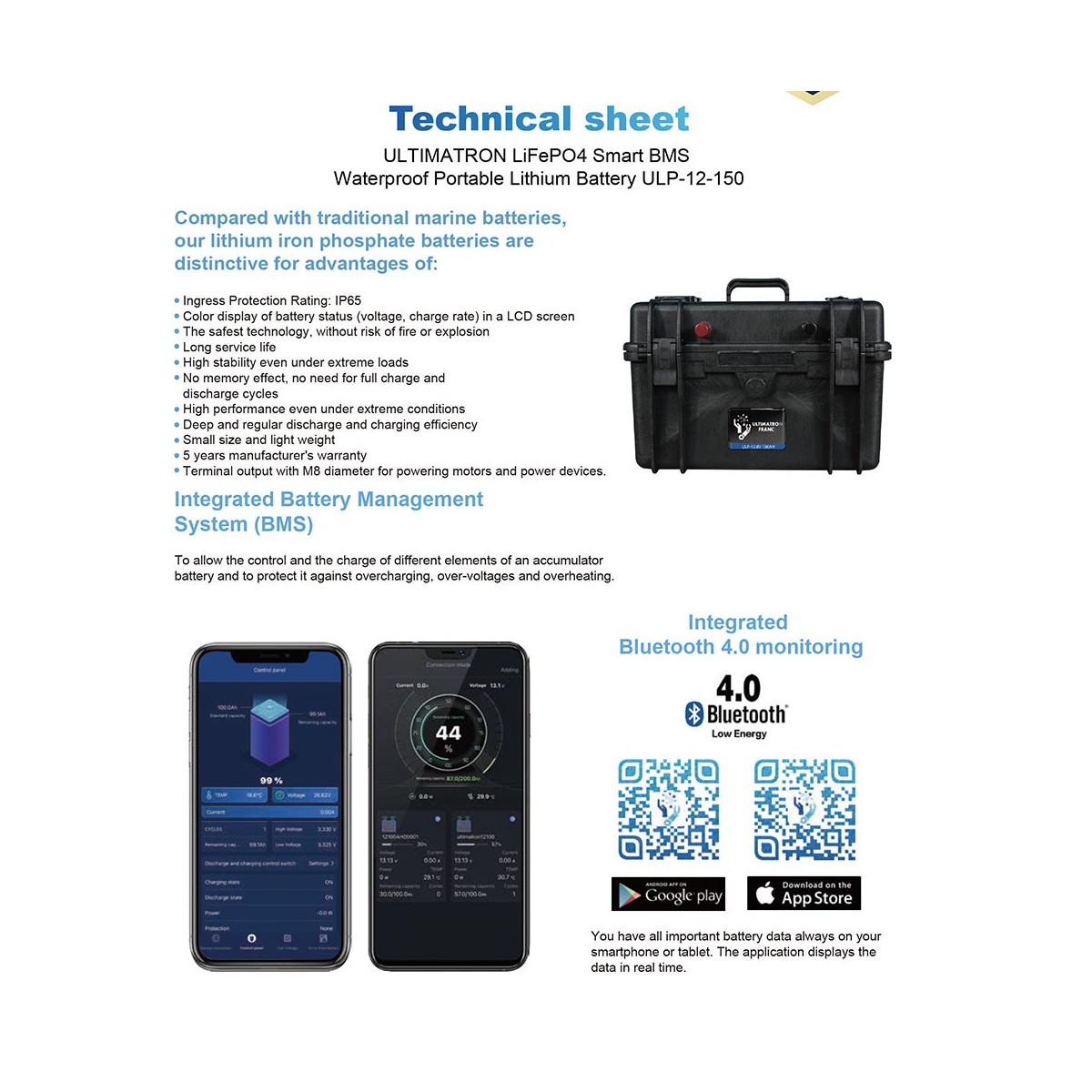 Ultimatron LiFePO4 ULP-12-150 12.8V 150Ah BMS Portable Lithium Battery
