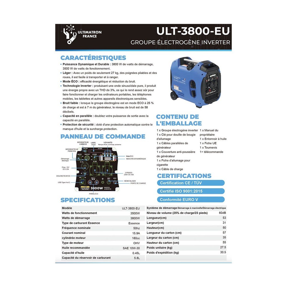 Ultimatron ULT-3800-EU 3.8kW 4-Stroke Gasoline portable Generator