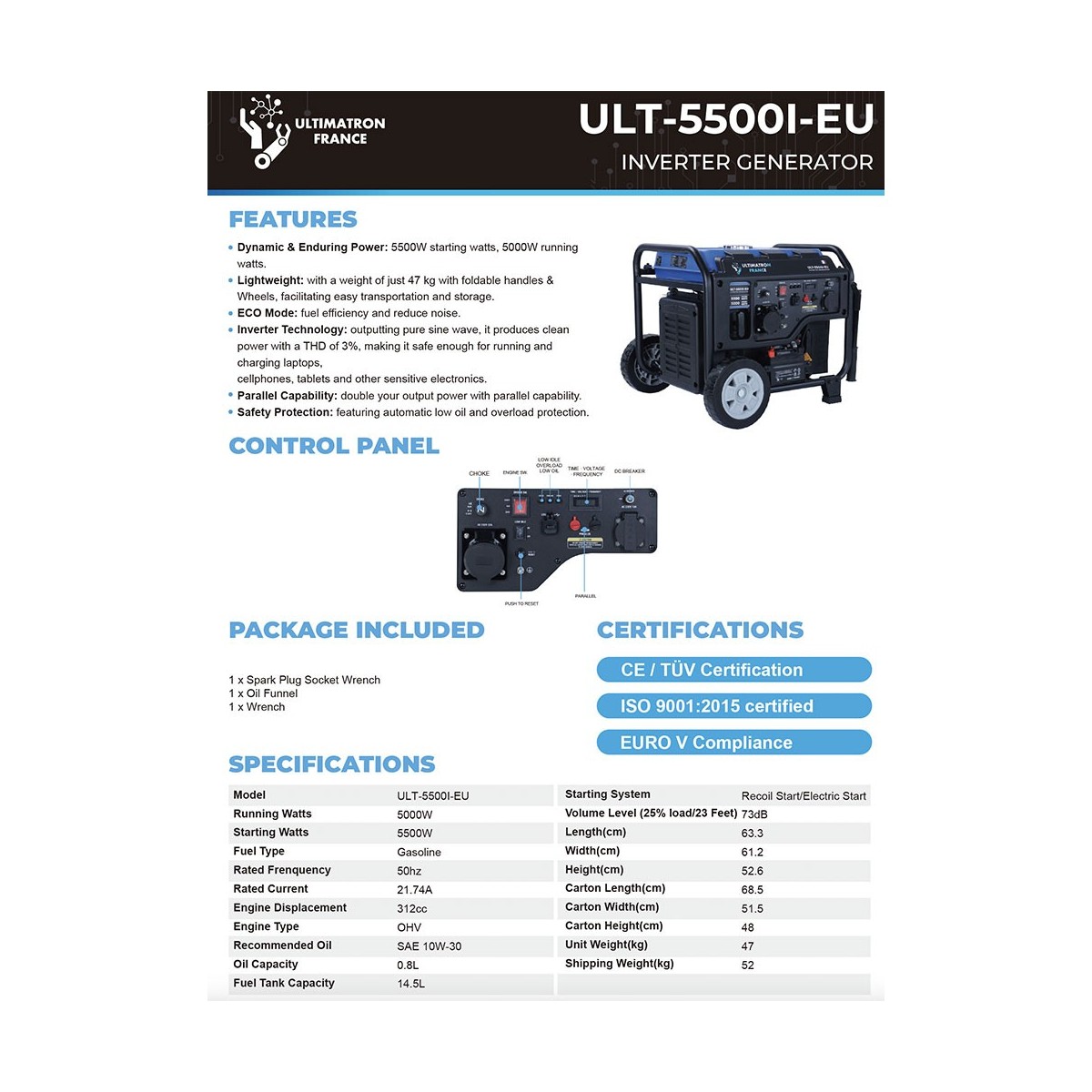 Ultimatron ULT-5500I-EU 5.5kW 4-Stroke Gasoline Open Frame Generator
